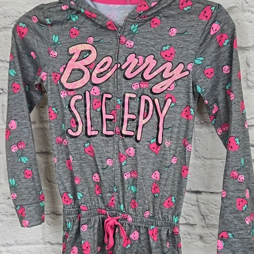 Justice Strawberry Pajama Romper Girls 6 7 Hooded Sleepwear Lounge One Piece Pjs